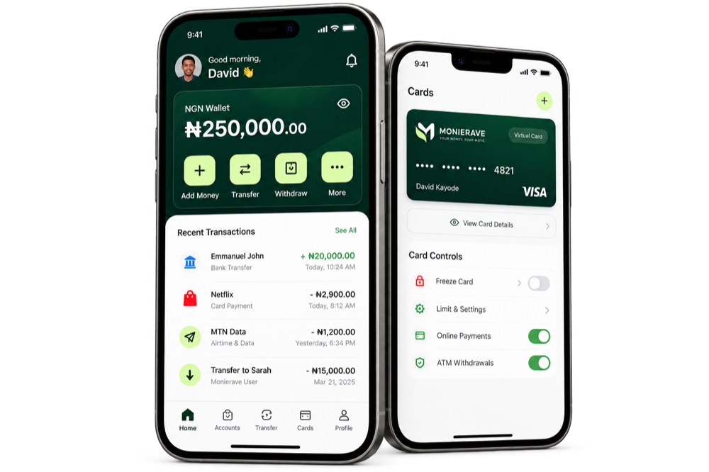 Illustrative screens for a Monierave NGN wallet and card experience
