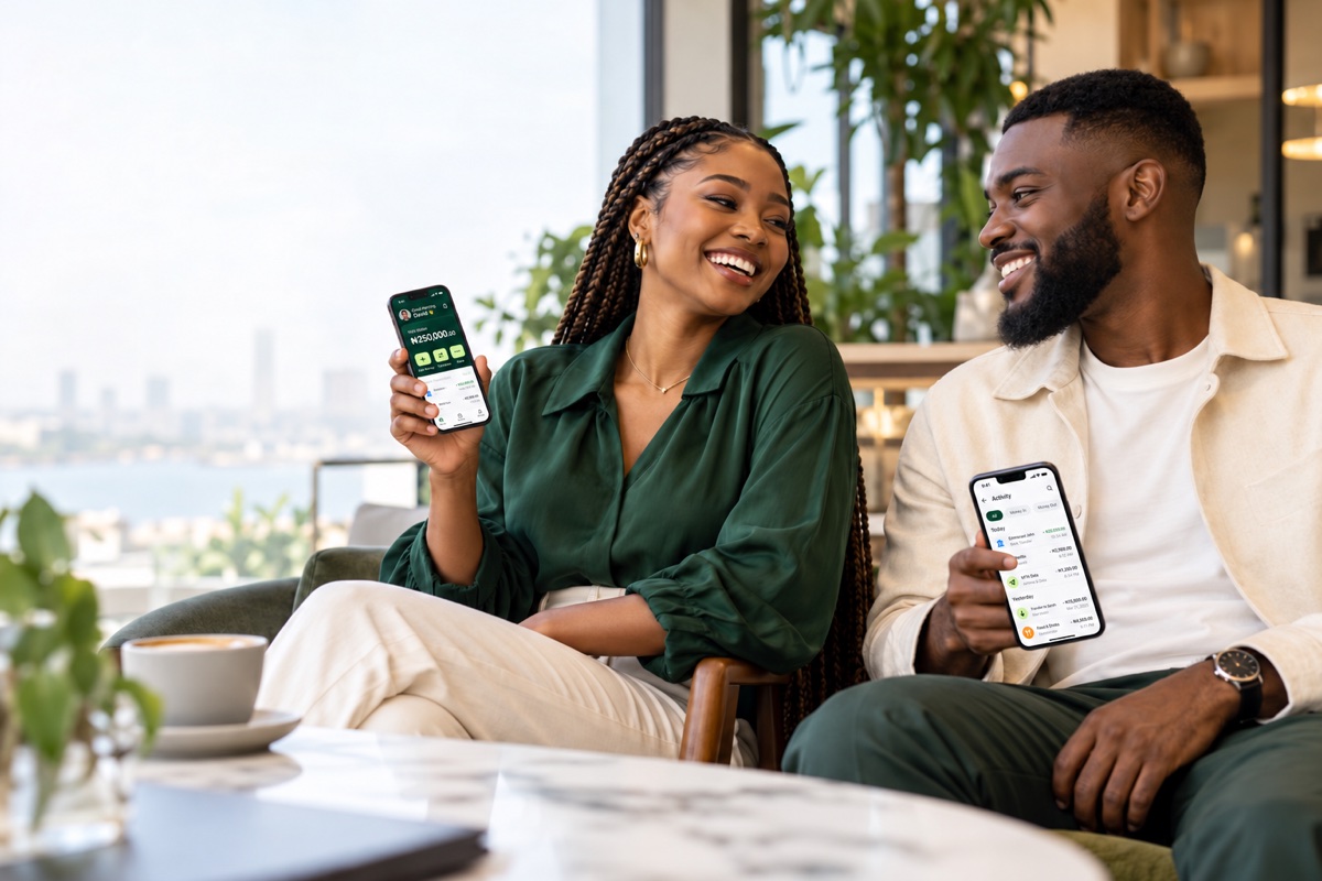 A smiling Nigerian woman and man holding phones together in a bright modern cafe